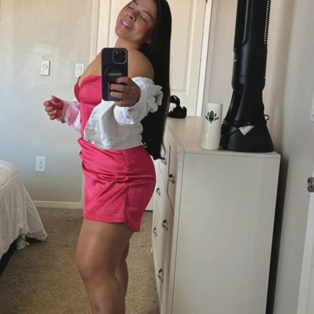 Pink Strapless Dress with White Jacket